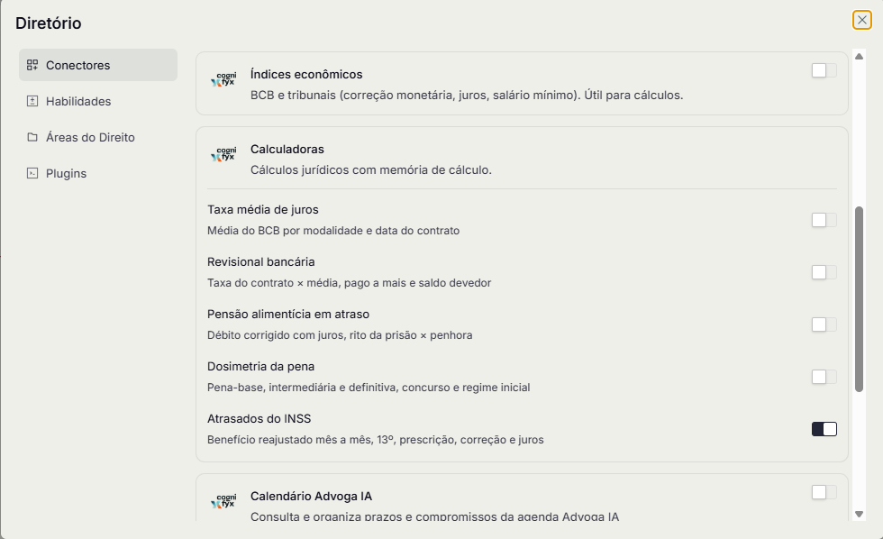 Aba Conectores do Diretório, com os Índices econômicos e o grupo Calculadoras: taxa média de juros, revisional bancária, pensão alimentícia em atraso, dosimetria da pena e atrasados do INSS