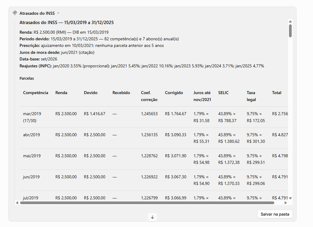Cartão de resultado da calculadora Atrasados do INSS na conversa, com renda, período devido, prescrição, reajustes e a tabela de parcelas