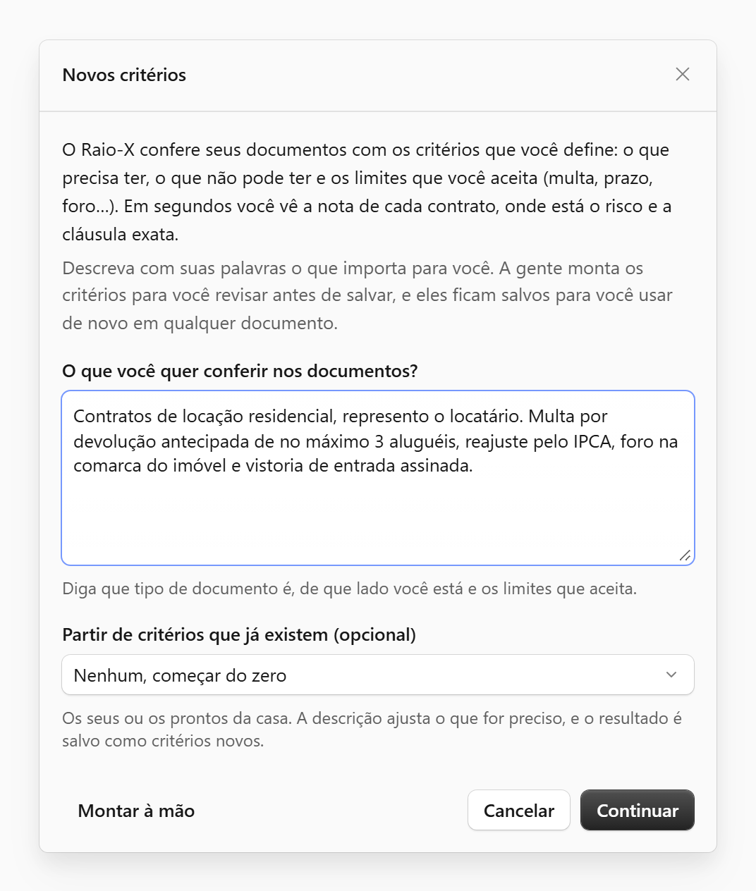 Formulário Novos critérios, com a descrição do que conferir em contratos de locação